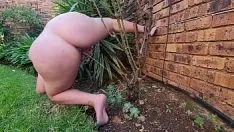تشغيل عارية الثدي الصغيرة الحمار الكبير bbw التبول على شجرة الورد خارج في الحديقة